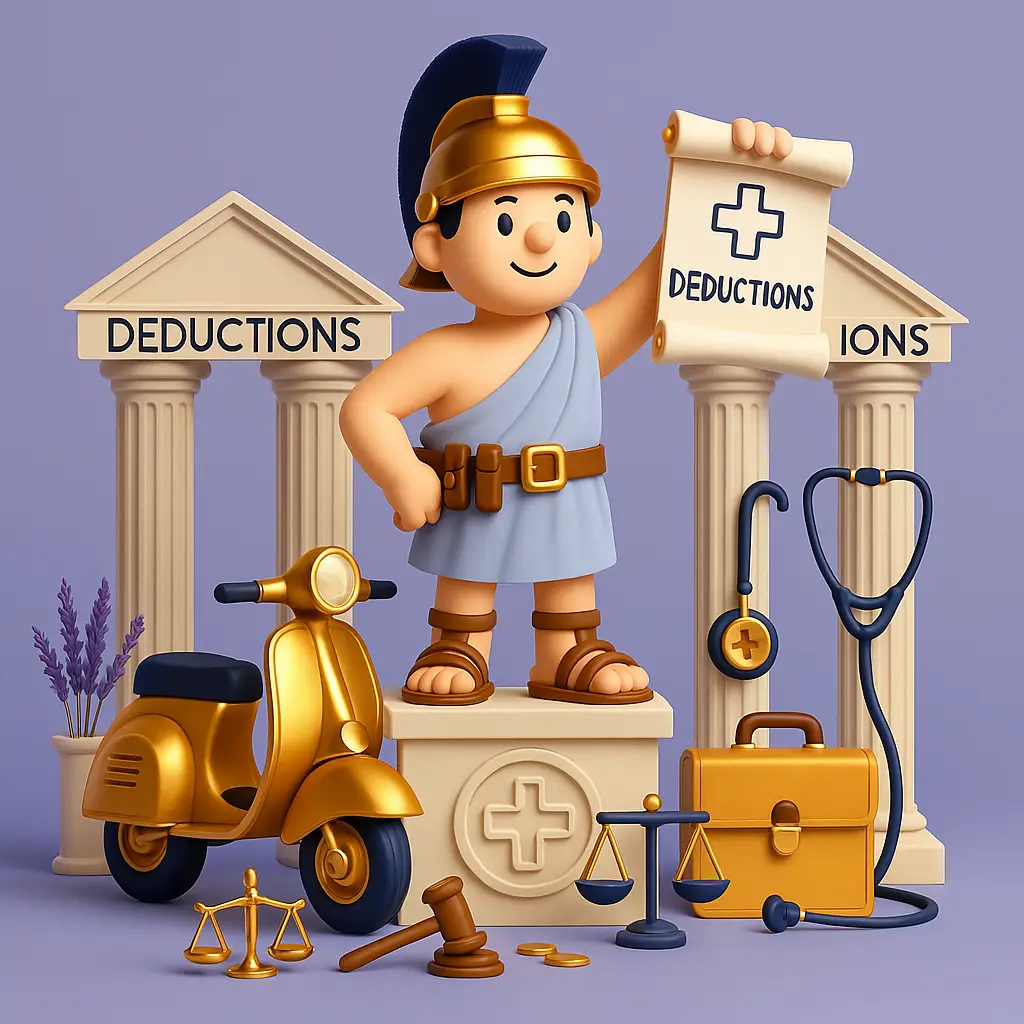 Cartoon style image of a smiling Roman Plebeian standing on a podium, a scooter is to his right, and tools of various professions such as legal, medical building litter the scene, lavender background gold accents and roman imagery included in the background.