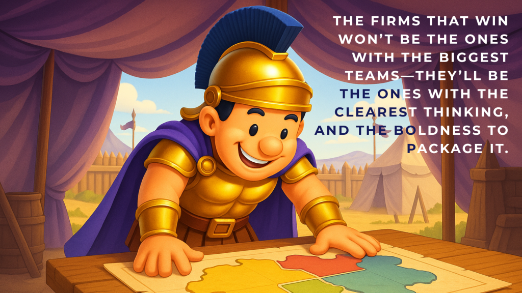 Cartoon style image of Roman gladiator style man looking at a map divided into 4 sectors. He is standing bent over a table, in a tent in a field of tents. Ancient military imagery is dotted throughout.