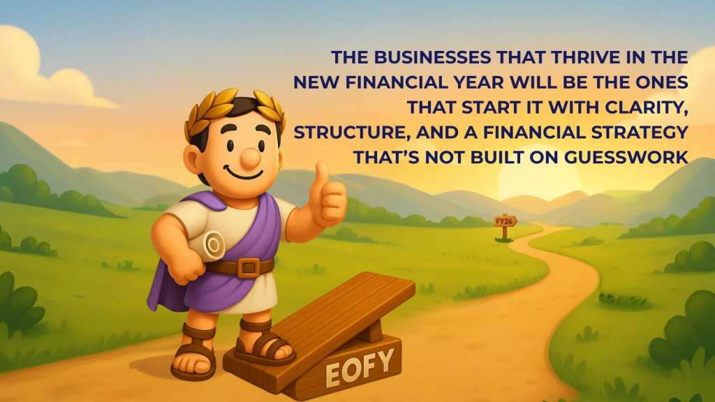 Cartoon style image of Roman plebeian style character standing on a springboard marked "EOFY" with the pathway bending away from him into the distance. A sign in the distance reads "FY26" pointing further down the path