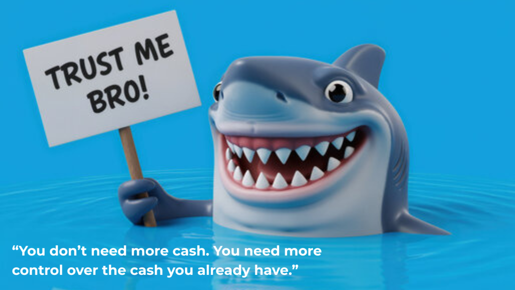 Cartoon style Great White Shark smiling a big toothy grin, holgint a sign which says "Trust Me Bro!"