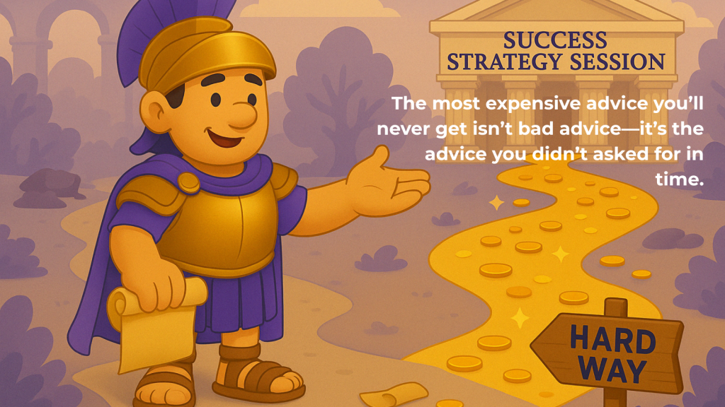 Cartoon style image of Roman gladiator style man pointing the way up a path laden with coins. At the start of the path is a sign, pointing in the opposite direction, it reads "hard way". The path laden with coins leads to a building with a sign which reads "Success Strategy Session".