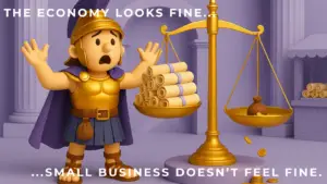 Title of article spread across top left and bottom right of image says "The economy looks fine..." "...small business doesn't feel fine." Cartoon style image is a roman gladiator image looking at a set of unbalanced scales, throwing his hands in the air with a look of despair on his face.