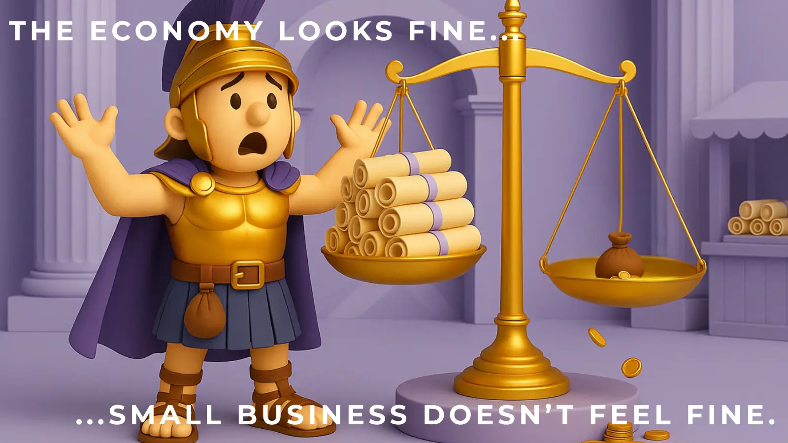Title of article spread across top left and bottom right of image says "The economy looks fine..." "...small business doesn't feel fine." Cartoon style image is a roman gladiator image looking at a set of unbalanced scales, throwing his hands in the air with a look of despair on his face.