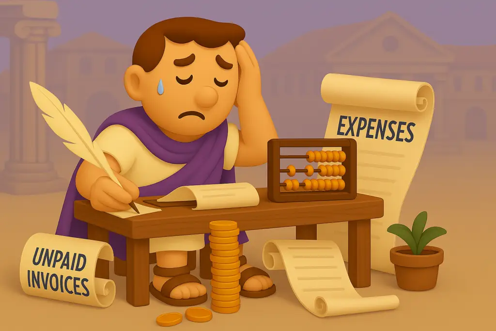 Roman plebeian sitting at a desk with a feather pen, an abacus. A scroll on his left reads "expenses" and on his right "unpaid bills". He is sad and crying in despair.