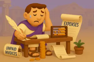 Roman plebeian sitting at a desk with a feather pen, an abacus. A scroll on his left reads "expenses" and on his right "unpaid bills". He is sad and crying in despair.