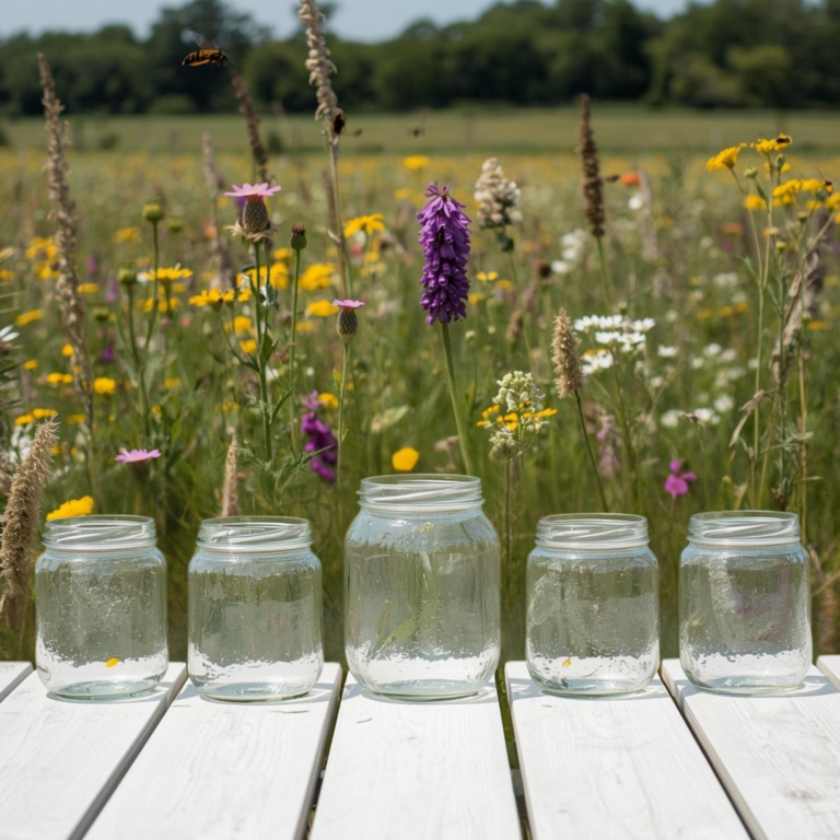 close-up landscape view of english paddock filled with english wild flowers, insects buzzing on a bright sunny day. Zoomed in the foreground a white wooden picnic table with 5 glass jars (no lids, equal size, no markings) standing on it, front on.